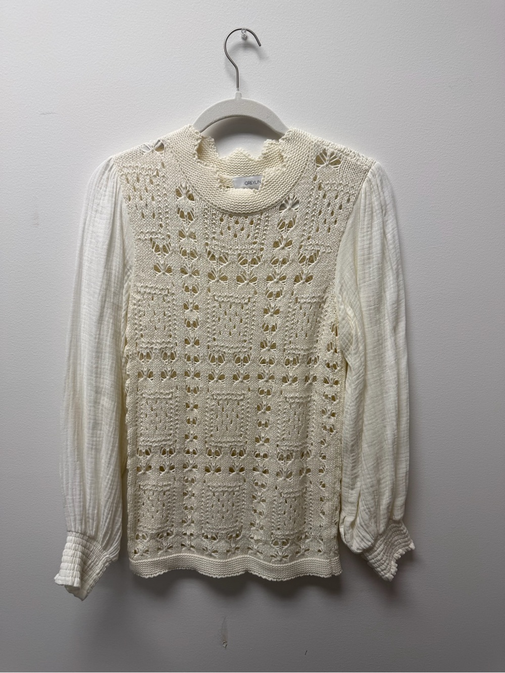 Greylin Cream Crochet Knit Top with Scallop Collar